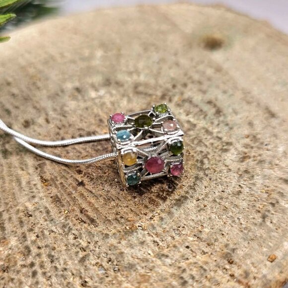 Nature Rainbow Faceted Tourmaline Rectangular Cage Pendant Necklace - Picture 7 of 10
